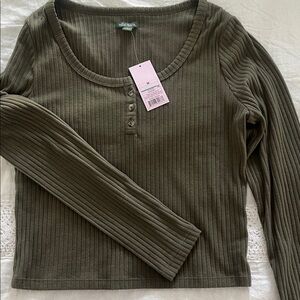 Wild Fable Dark Green Ribbed Button-Up Top